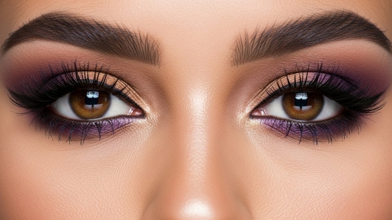 Un primo piano del volto di una donna con gli occhi marroni truccati con sfumature di viola e bronzo, che mette in risalto il colore e la profondità dello sguardo.