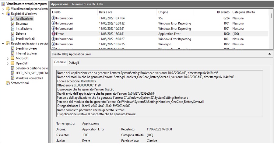 Visualizzatore eventi errore BIB.dll_unloaded