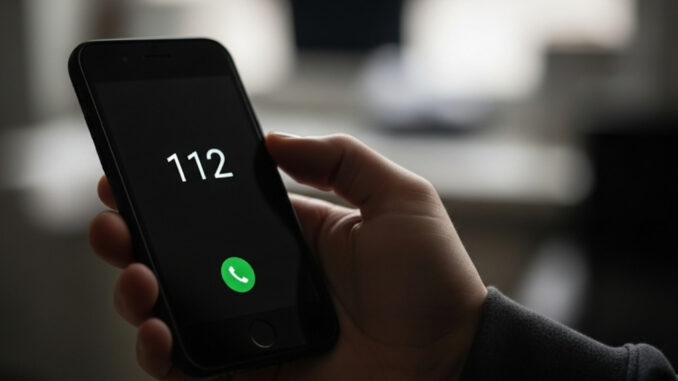 Una persona tiene in mano uno smartphone con il numero di emergenza 112 visualizzato sullo schermo, a simboleggiare l'urgenza di chiamare i soccorsi.