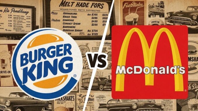 I loghi di Burger King e McDonald's sono affiancati su uno sfondo che evoca manifesti e pubblicità vintage di fast food, auto d'epoca e menu storici. L'immagine, con un look nostalgico e artistico, rappresenta la rivalità storica tra i due marchi.