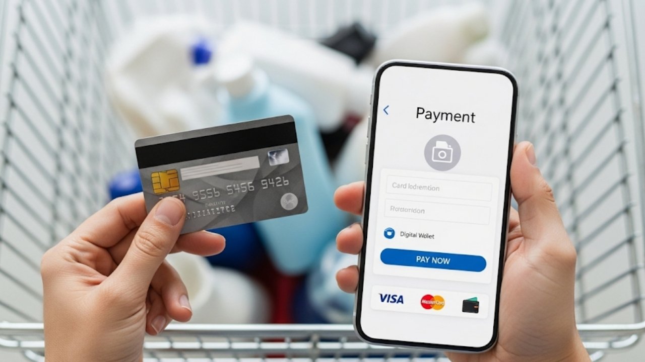 Una persona tiene in mano una carta di credito e uno smartphone che mostra una pagina di pagamento sicura, sullo sfondo sfocato di un carrello della spesa. La scena enfatizza la comodità e la sicurezza degli acquisti su internet.