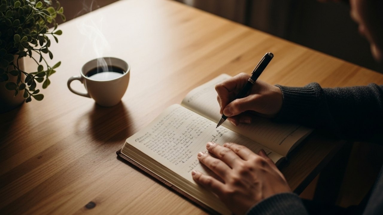 Una persona scrive con una penna su un diario aperto, seduta a un tavolo di legno. Vicino al diario ci sono una tazza di caffè e una pianta in vaso. L'immagine è ripresa dall'alto, con una luce calda che crea un'atmosfera rilassata e riflessiva.