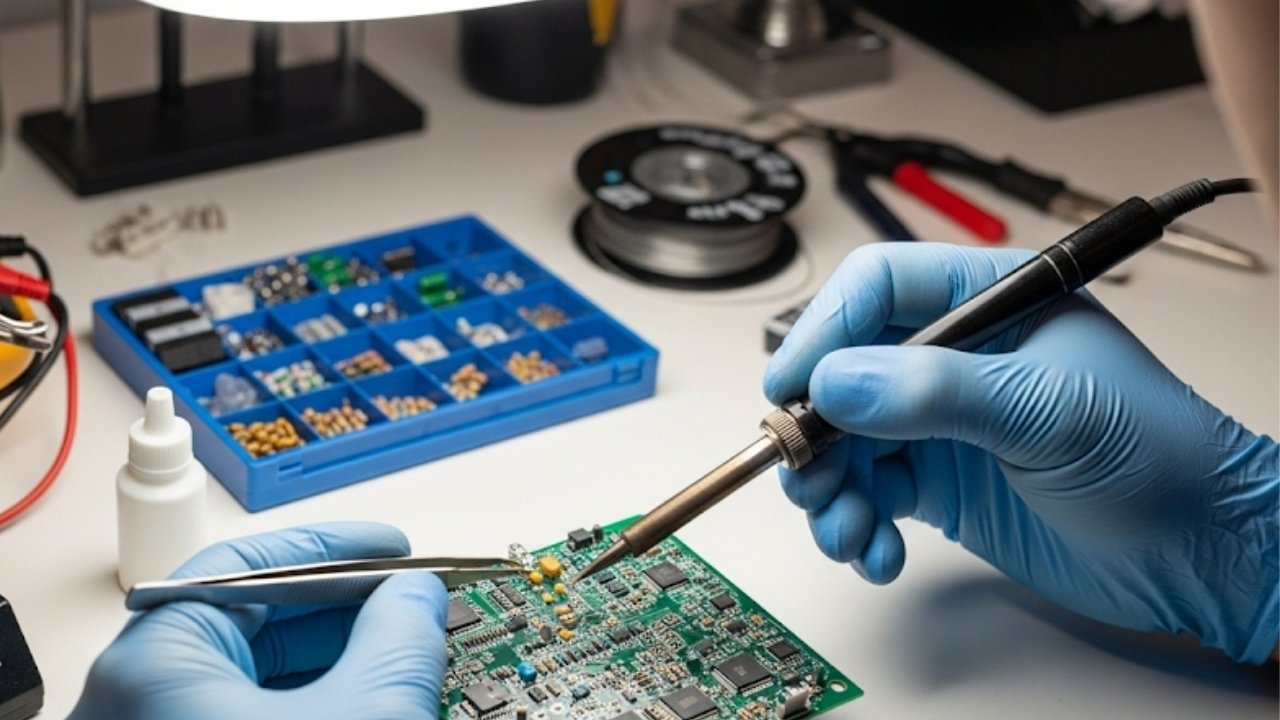 Ecco un'immagine che simboleggia la professionalità e la cautela necessarie per la riparazione di un dispositivo elettronico, come quella di uno Shelly.