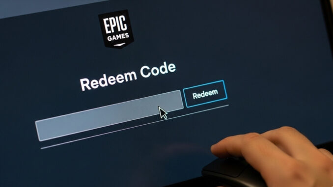 Una mano pronta a digitare un codice di riscatto su una tastiera, con lo schermo di un computer che mostra la pagina dedicata sul sito di Epic Games.