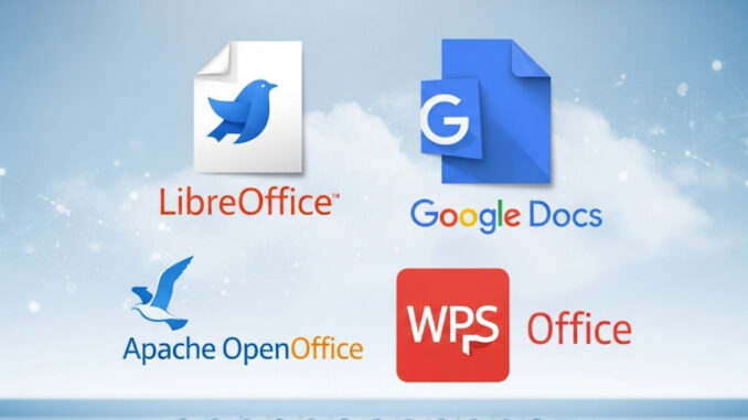 Un'immagine che mostra le icone di diverse alternative gratuite a Microsoft Office, come i loghi di LibreOffice e Google Docs, disposte su uno sfondo di desktop, a simboleggiare le opzioni disponibili.