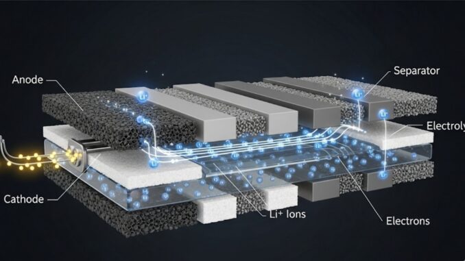 Uno schema che mostra i vari strati interni di una batteria a ioni di litio, con l'anodo, il catodo, il separatore e l'elettrolita, a simboleggiare il suo funzionamento interno.