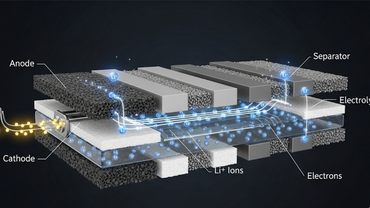 Uno schema che mostra i vari strati interni di una batteria a ioni di litio, con l'anodo, il catodo, il separatore e l'elettrolita, a simboleggiare il suo funzionamento interno.
