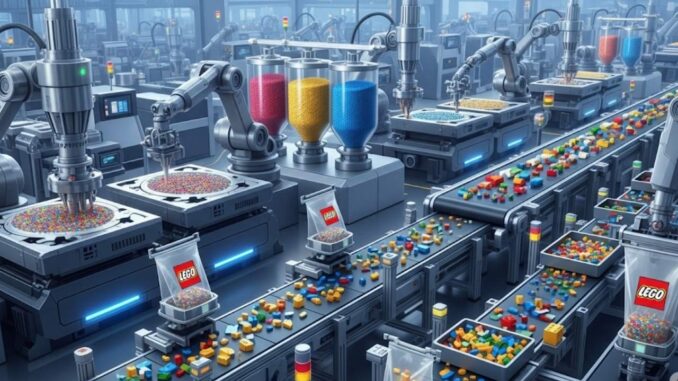 fabbrica-lego Un'illustrazione concettuale e futuristica di una fabbrica di LEGO, con bracci robotici che maneggiano stampi e granuli di plastica e un sistema di nastri trasportatori che ordina i pezzi finiti.