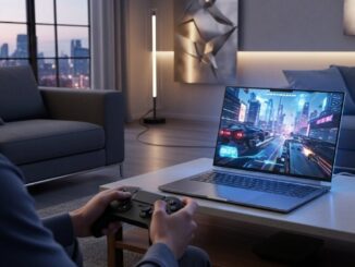 Una persona che gioca su un laptop ultra-sottile, con un controller da console collegato. Lo schermo mostra un videogioco moderno, a simboleggiare il cloud gaming di GeForce Now.