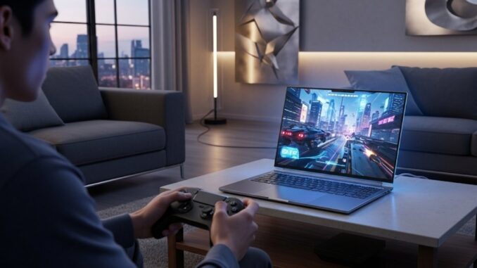 Una persona che gioca su un laptop ultra-sottile, con un controller da console collegato. Lo schermo mostra un videogioco moderno, a simboleggiare il cloud gaming di GeForce Now.