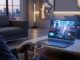 Una persona che gioca su un laptop ultra-sottile, con un controller da console collegato. Lo schermo mostra un videogioco moderno, a simboleggiare il cloud gaming di GeForce Now.