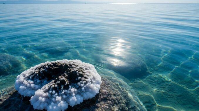 mare-salato Il sale marino si cristallizza su uno scoglio in un mare limpido e azzurro, illustrando il fenomeno della salinità.