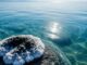 Il sale marino si cristallizza su uno scoglio in un mare limpido e azzurro, illustrando il fenomeno della salinità.