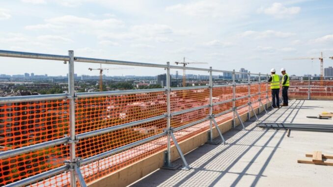 Un parapetto anticaduta installato su un tetto di un cantiere edile