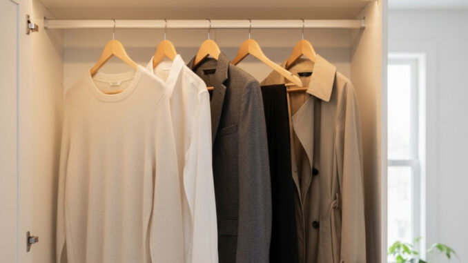 guardaroba-capsula-armadio-ordinato-capi-basici Un armadio aperto e ben organizzato che mostra una piccola selezione di capi di abbigliamento neutri e classici appesi, simbolo di un guardaroba capsula.