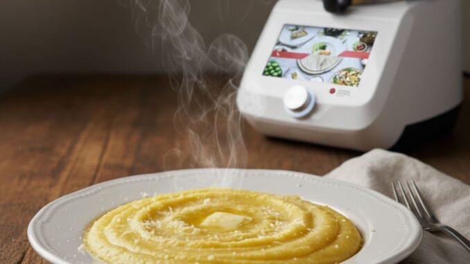 Piatto di polenta calda fumante preparata con il robot Monsieur Cuisine Smart.