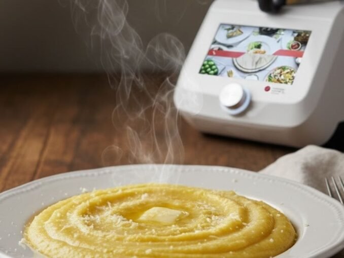 Piatto di polenta calda fumante preparata con il robot Monsieur Cuisine Smart.